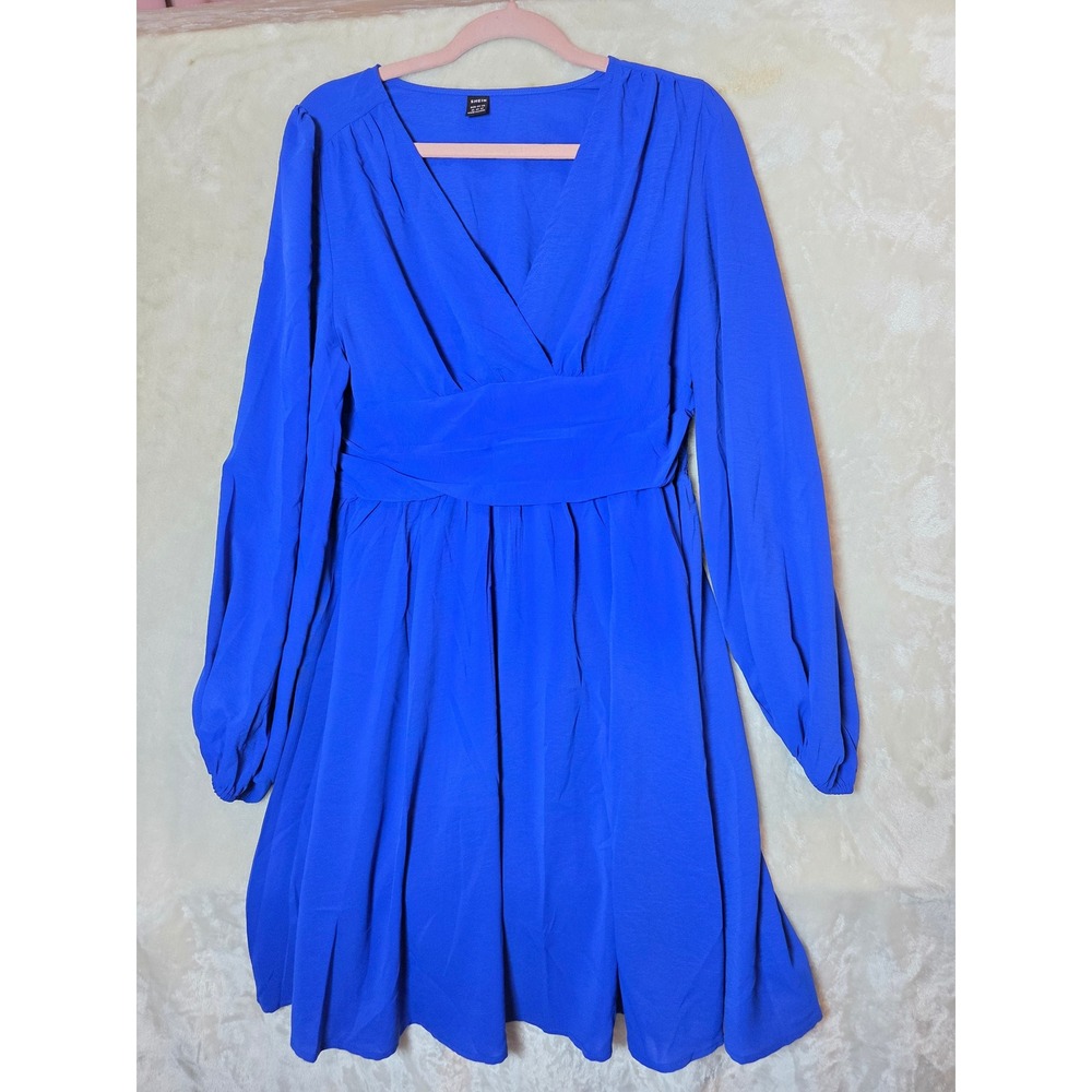 SHEIN Royal Blue V-Neck Long Sleeve Pleated Waist Mini Dress XL 12